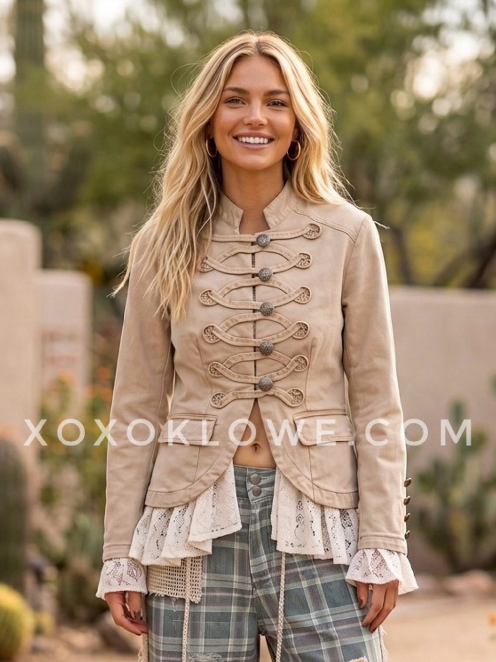 Bluevelvet Beige Braided Lace Ruffle Military Jacket | Ruffles Romance Napoloen